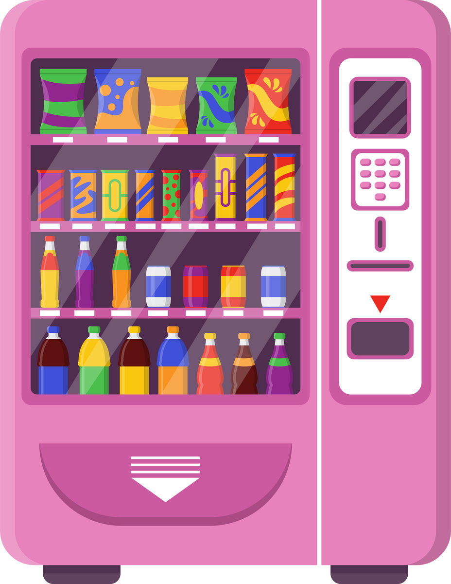 Vending machine. Vector illustration of automatic shop selling drinks in can or bottles and food snacks. Cartoon front view of bar or store equipment isolated white. Retail concept